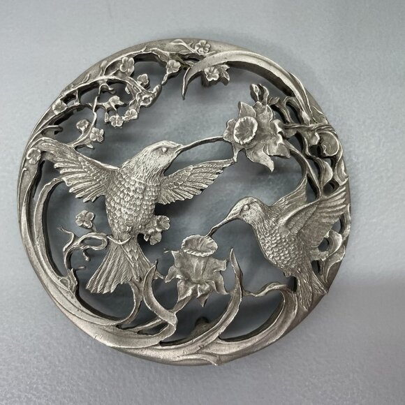 Vintage Rawcliffe Pewter Open Candle Jar Lid Hummingbirds Flowers Floral Metal - Picture 1 of 5